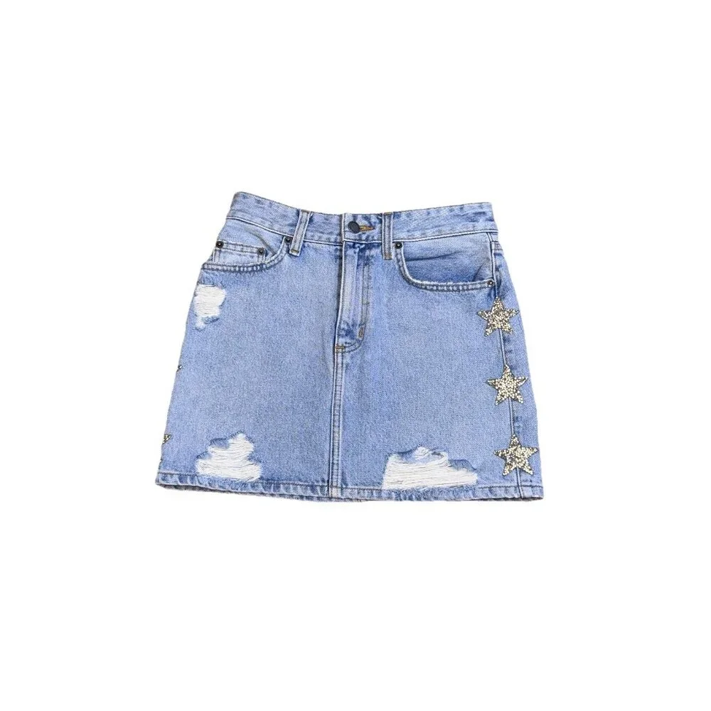 Carmar Colin Jean Skirt With Crystal Star Patches Size  25 MSRP $216 - Picture 9 of 10
